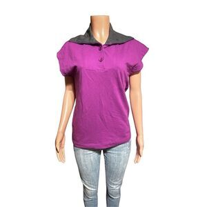 Women's short sleeve Henley mock neck button front sweater tee L